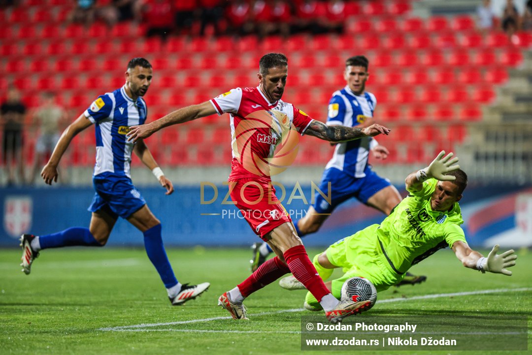 Vukanović Aleksa and goalkeeper Popović Balša | Serbian SuperLiga, Round 4 – OFK Beograd vs FK Vojvodina, Stara Pazova, 09.08.2025.