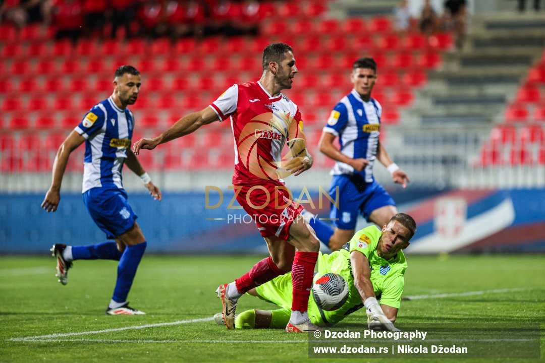 Vukanović Aleksa and goalkeeper Popović Balša | Serbian SuperLiga, Round 4 – OFK Beograd vs FK Vojvodina, Stara Pazova, 09.08.2025.